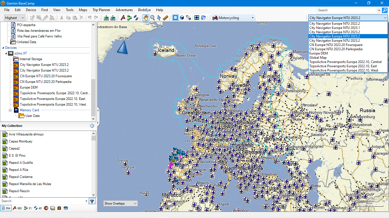 Using 23.20 map from Zumo XT: a blue line surrounds the Europe North. Inside blue line the map is detailed, outside it lacks detail, only shows main roads, like the Global Map