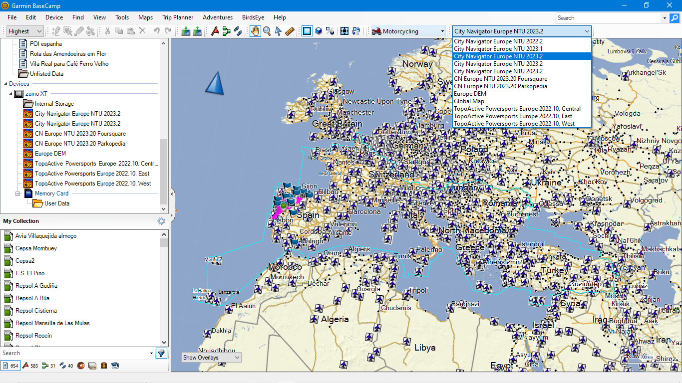 Selection of the other 23.20 map in Zumo XT shows a blue line around Southern Europe and the opposite happens regarding map detail to the Northern portion of the map