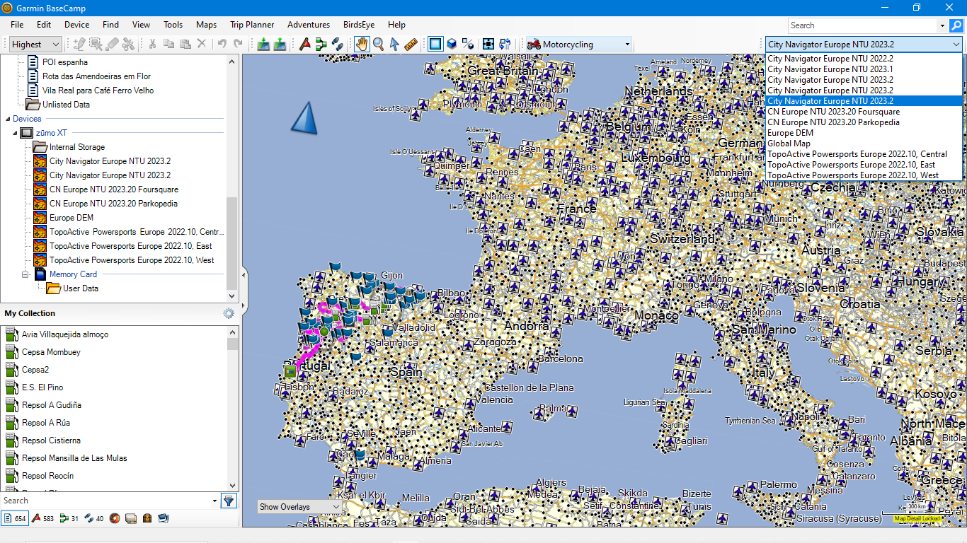 Selected 23.20 map installed on PC with no blue line around any Europe zone but message "Map detail locked" message on the bottom right corner.