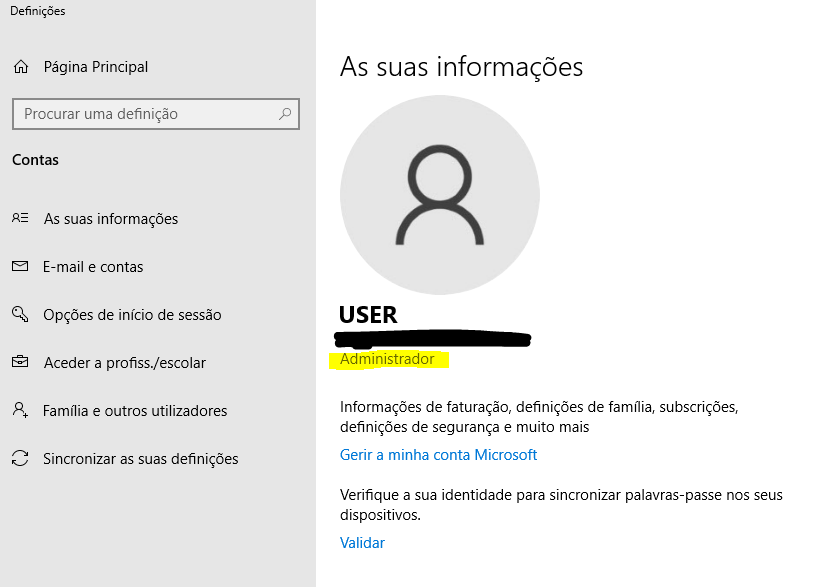 Yellow highlight: Admin level of "User" account