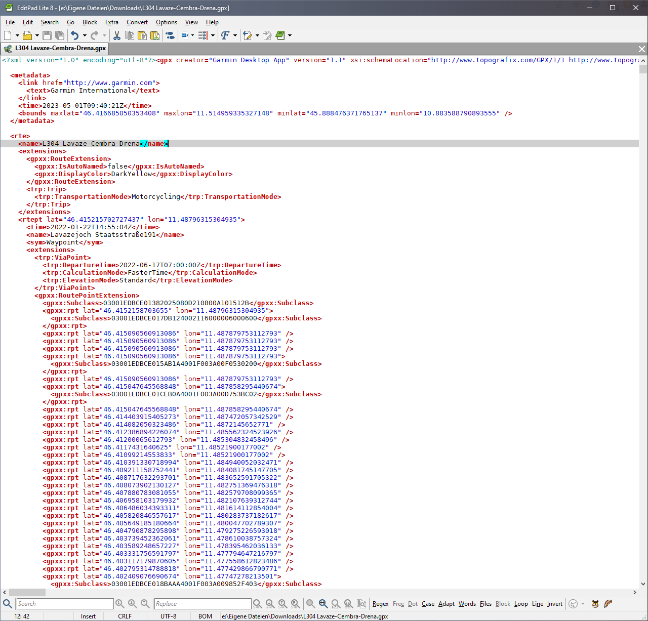 The XML code of the exported GPX file