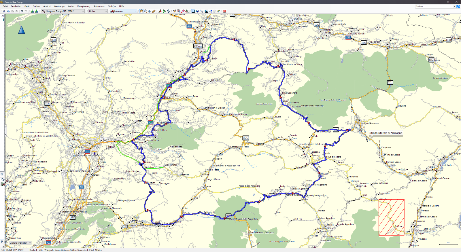 This was the pre-planned route (blue) and my driven track (green)