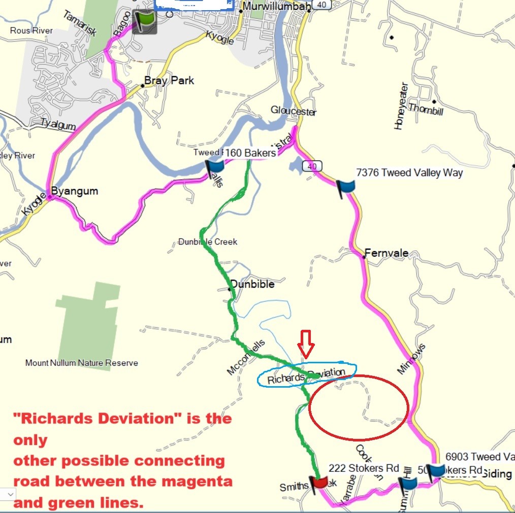 Magenta line is the original route created in BaseCamp. Green line is the road I deviated onto.