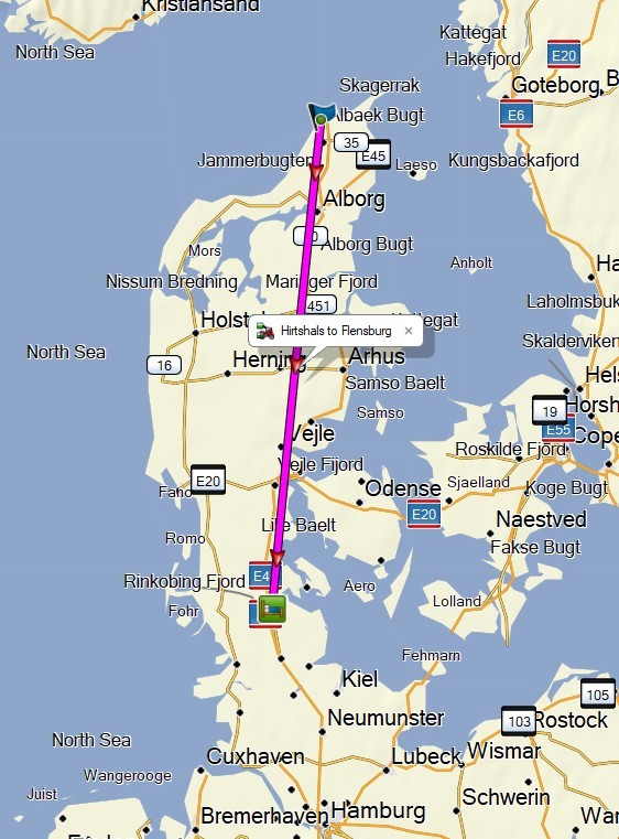 A simple route from Hirtshals to Flensburg comes up as a straight line.